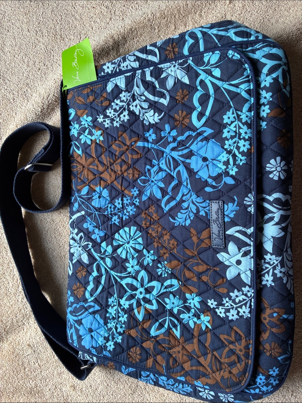 Vera Bradley Navy Quilted Laptop Crossbody with Turquoise & Brown Floral Print